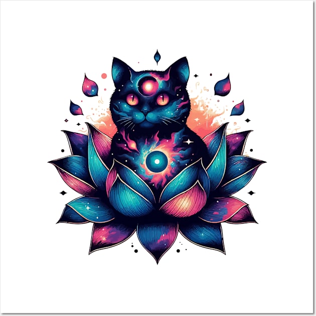 Colorful Abstract Cosmic Cat in Lotus Flower Wall Art by TomFrontierArt